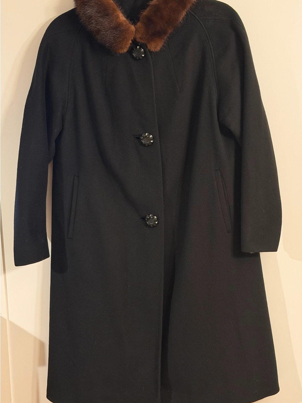 Vintage Black Wool Pea Coat with Brown Fur Collar